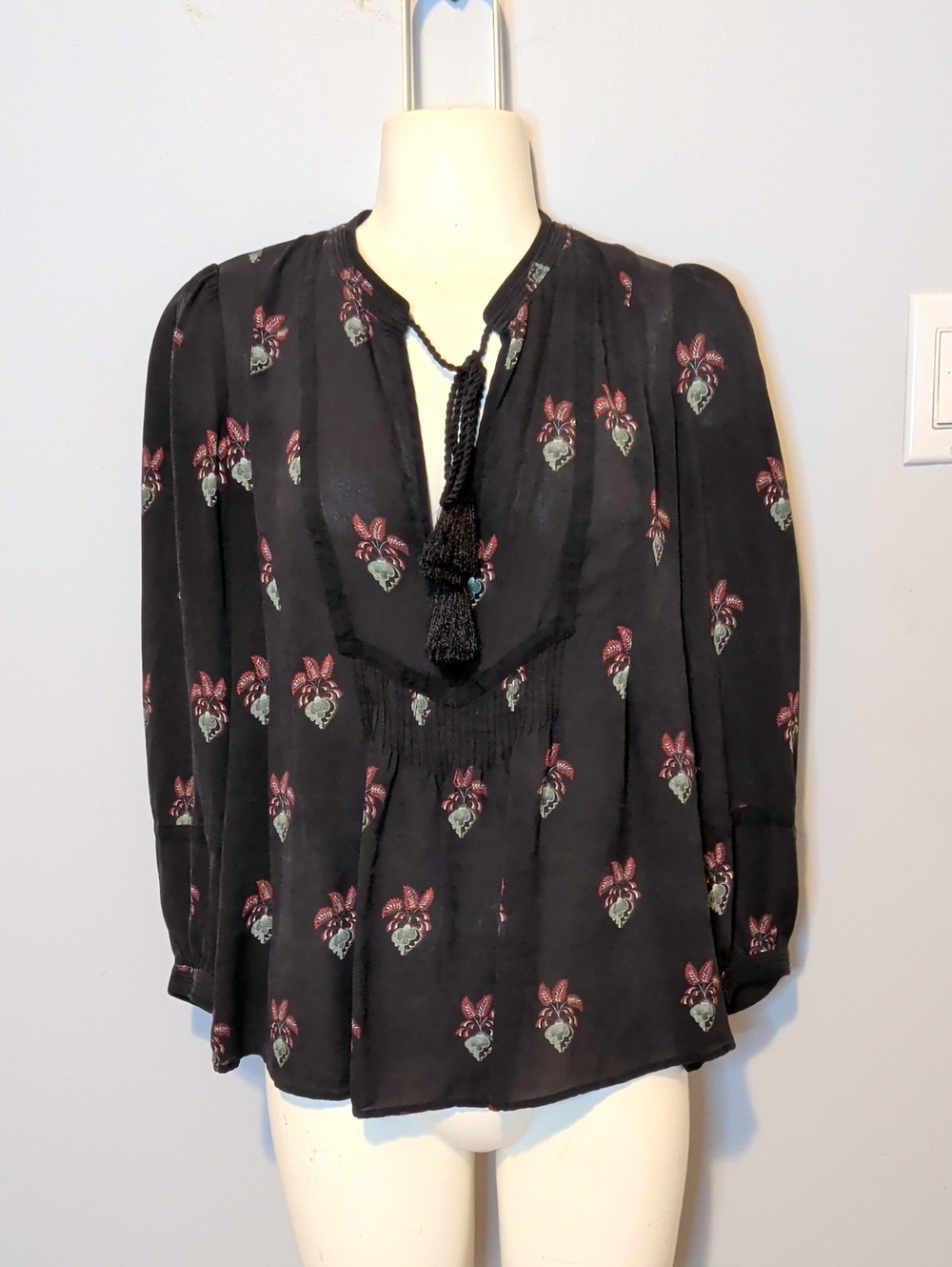 A.L.C. Black Floral Tie-Neck Blouse with Tassels